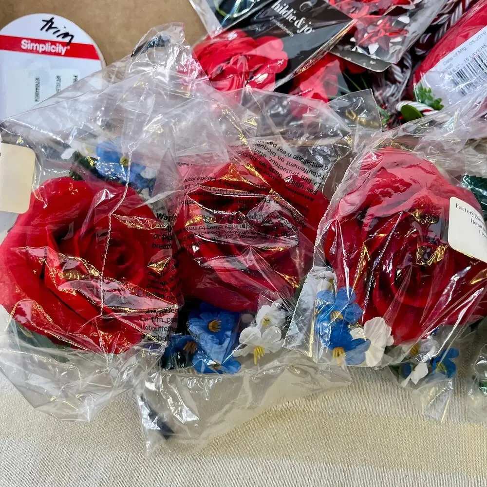 Red Craft Trim Destash Lot Artificial Floral Ribbons Beads Acrylic Embellishment